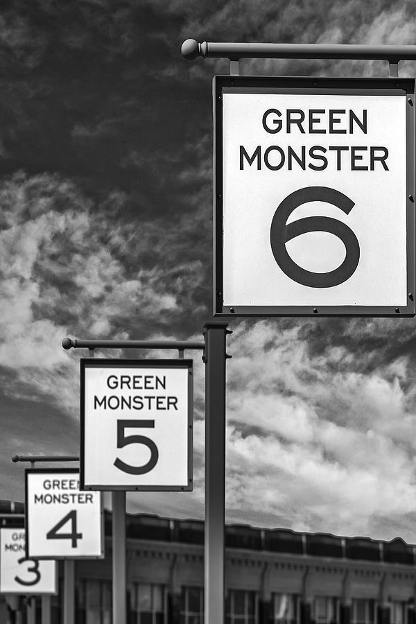 Fenway Park Green Monster Section Signs BW Photograph by Susan Candelario