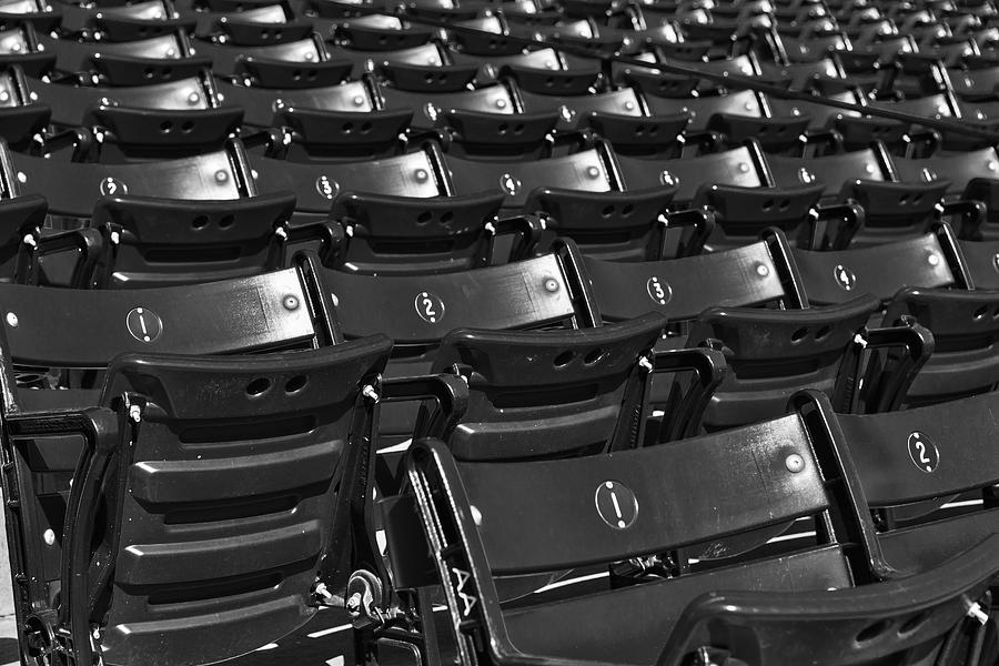 Boston Red Sox Photograph - Fenway Park Red Bleachers BW by Susan Candelario