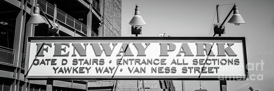 Boston Red Sox Photograph - Fenway Park Sign Black and White Panoramic Photo by Paul Velgos