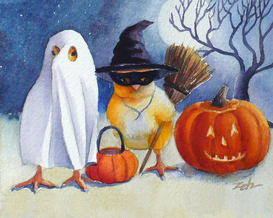 Ferdinand and Nina Trick or Treat Painting by Janet Zeh