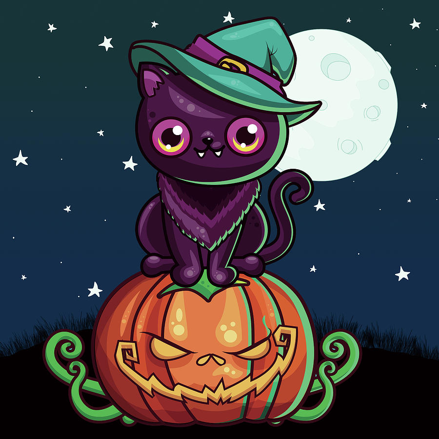Halloween Painting - Ferociously Cute Halloween Vampire Witch Kitty C by Little Bunny Sunshine
