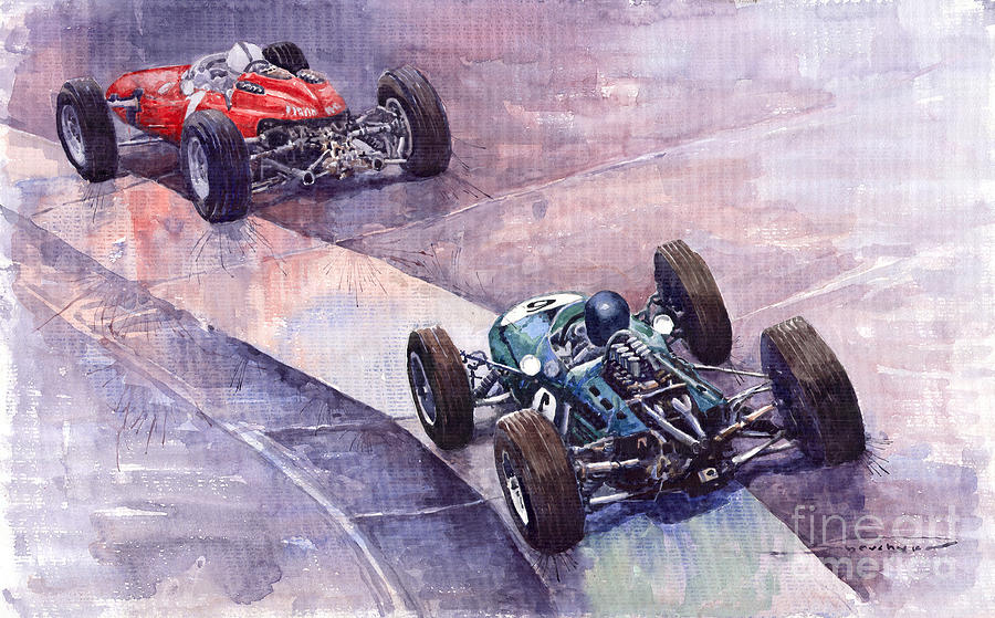 Watercolour Painting - 1964 Ferrari 158 vs Brabham Climax German GP 1964 by Yuriy Shevchuk