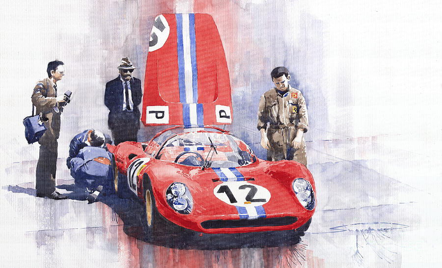 Watercolour Painting - Ferrari 206 SP Dino 1966 Nurburgring Pit Stop by Yuriy Shevchuk