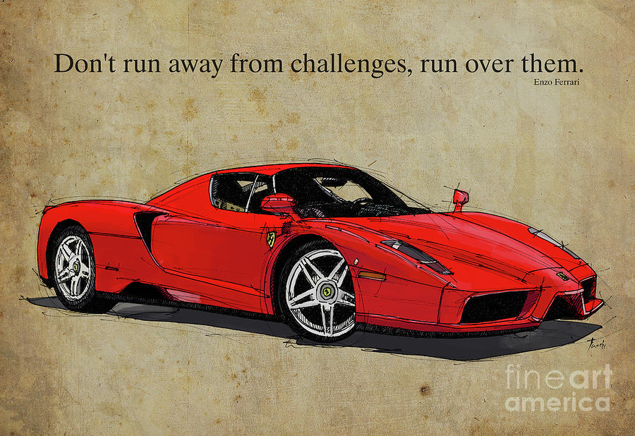 Ferrari Red Classic Car And Enzo Ferrari Quote Vintage Brown Background Mixed Media By Drawspots Illustrations