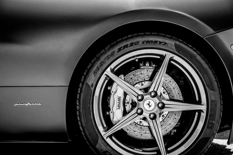 Black And White Photograph - Ferrari Wheel Emblem -1526bw by Jill Reger