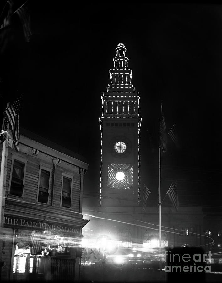 San Francisco Photograph - Ferry building, The Fair Wind Saloon, San Francisco at night circa 1900 by Monterey County Historical Society