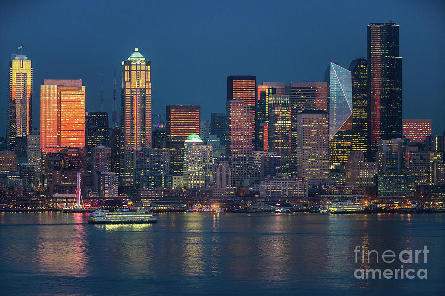 Seattle Photograph - Ferry Crossing Elliott Bay at Sunset by Mike Reid