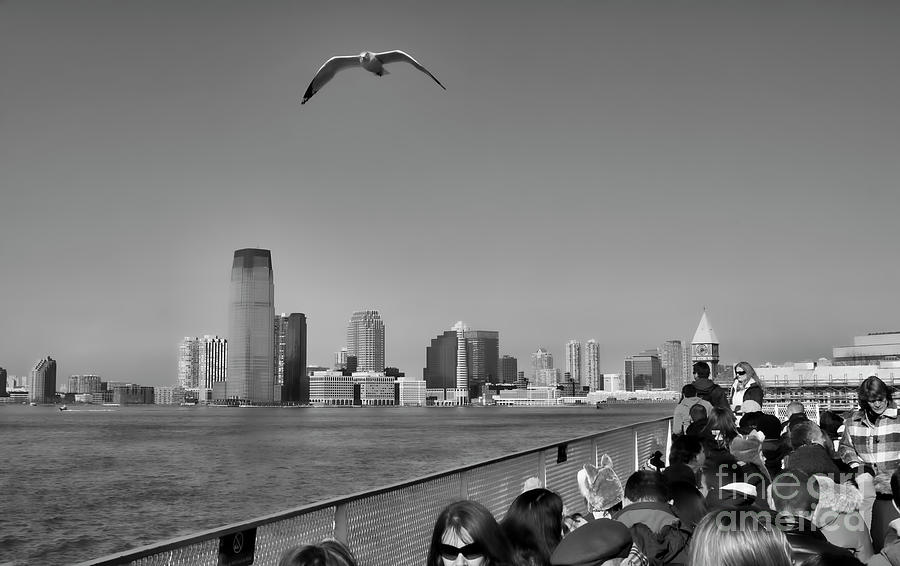 Ferry ride to Statue of Liberty NY NJ Black Wht  Photograph by Chuck Kuhn