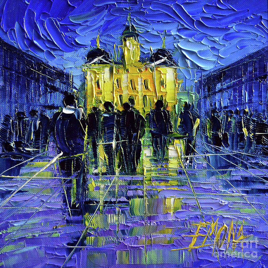 FESTIVAL OF LIGHTS IN LYON FRANCE - miniature palette knife oil painting Painting by Mona Edulesco