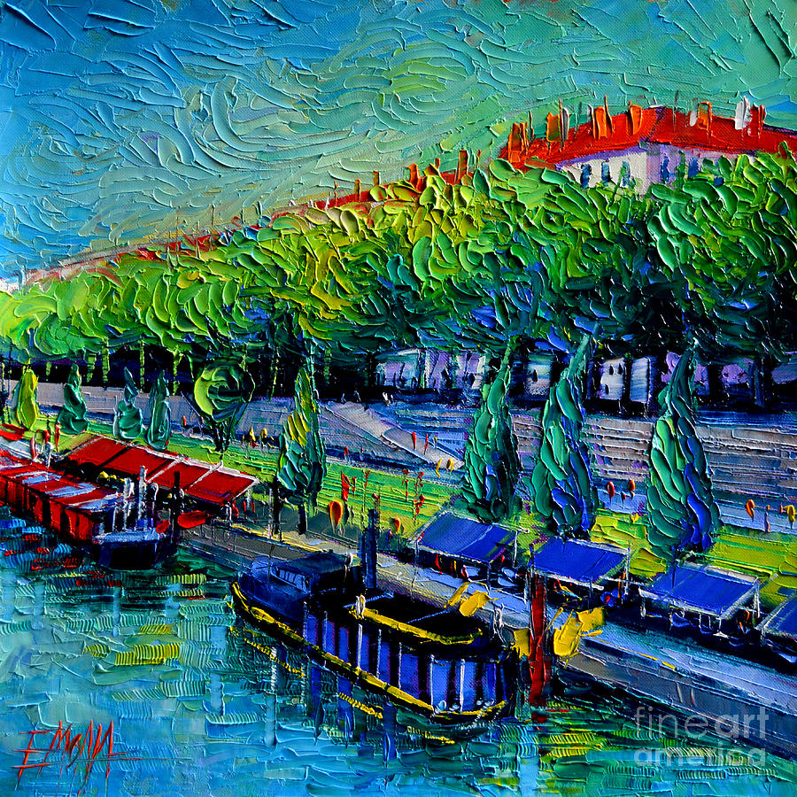 Festive Barges On The Rhone River Painting by Mona Edulesco
