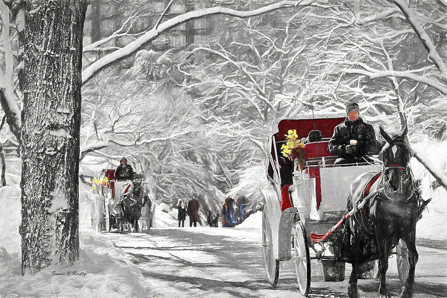 Festive Winter Carriage Rides Black And White Painting by Sandi OReilly