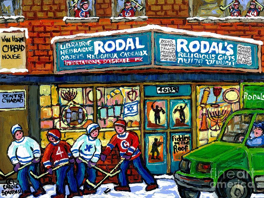 Hockey Painting - Fiddler On The Roof Painting Canadian Art Jewish Montreal Memories Rodal Gift Shop Van Horne Hockey  by Carole Spandau
