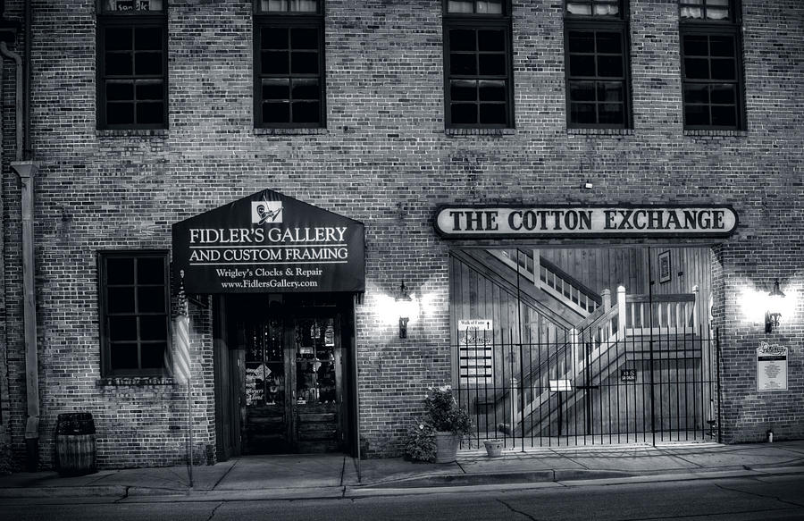 Fidlers Gallery and The Cotton Exchange in Black and White Photograph by Greg and Chrystal Mimbs