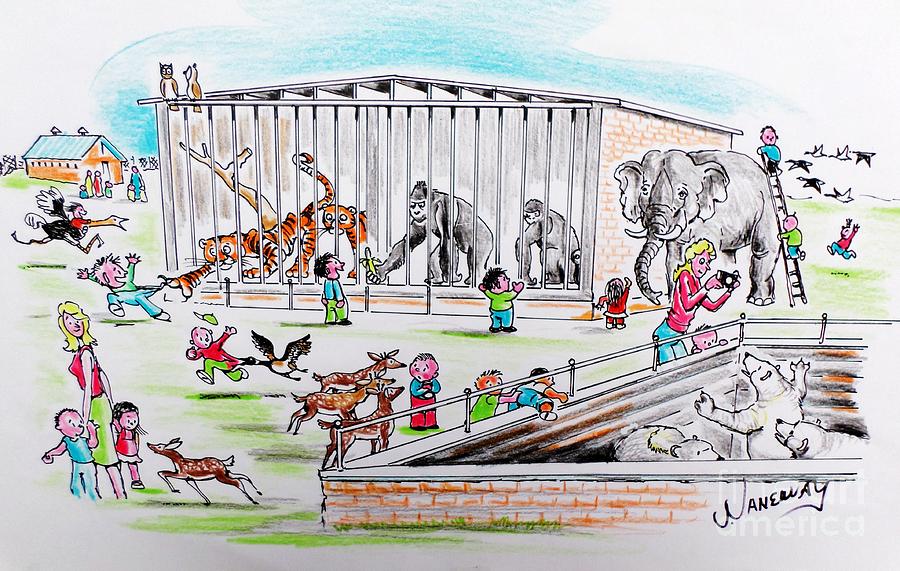 Field Day At The Zoo Drawing By Jim Janeway