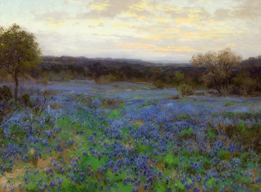 Flower Painting - Field Of Bluebonnets At Sunset by Mountain Dreams