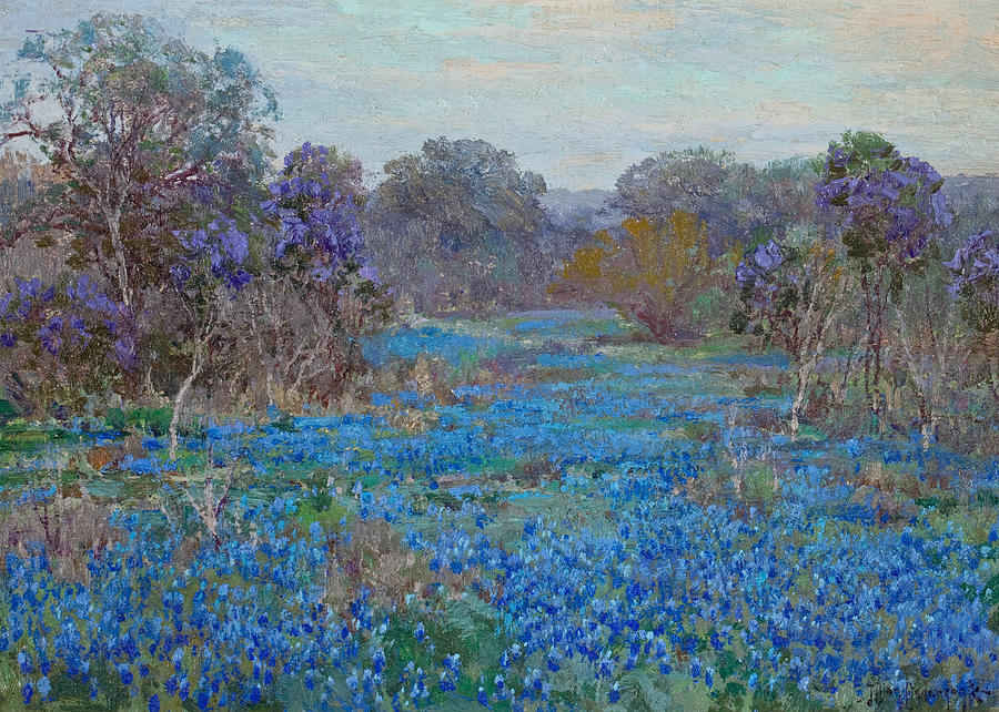 Spring Painting - Field of Bluebonnets with Trees by Julian Onderdonk