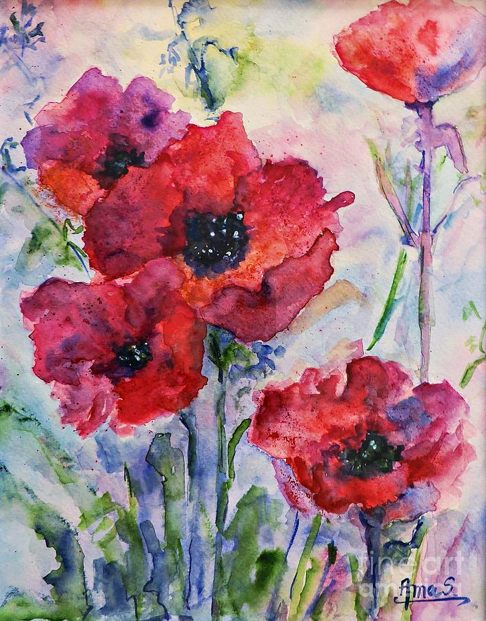 Field of Red Poppies Watercolor Painting by Amalia Suruceanu - Fine Art ...