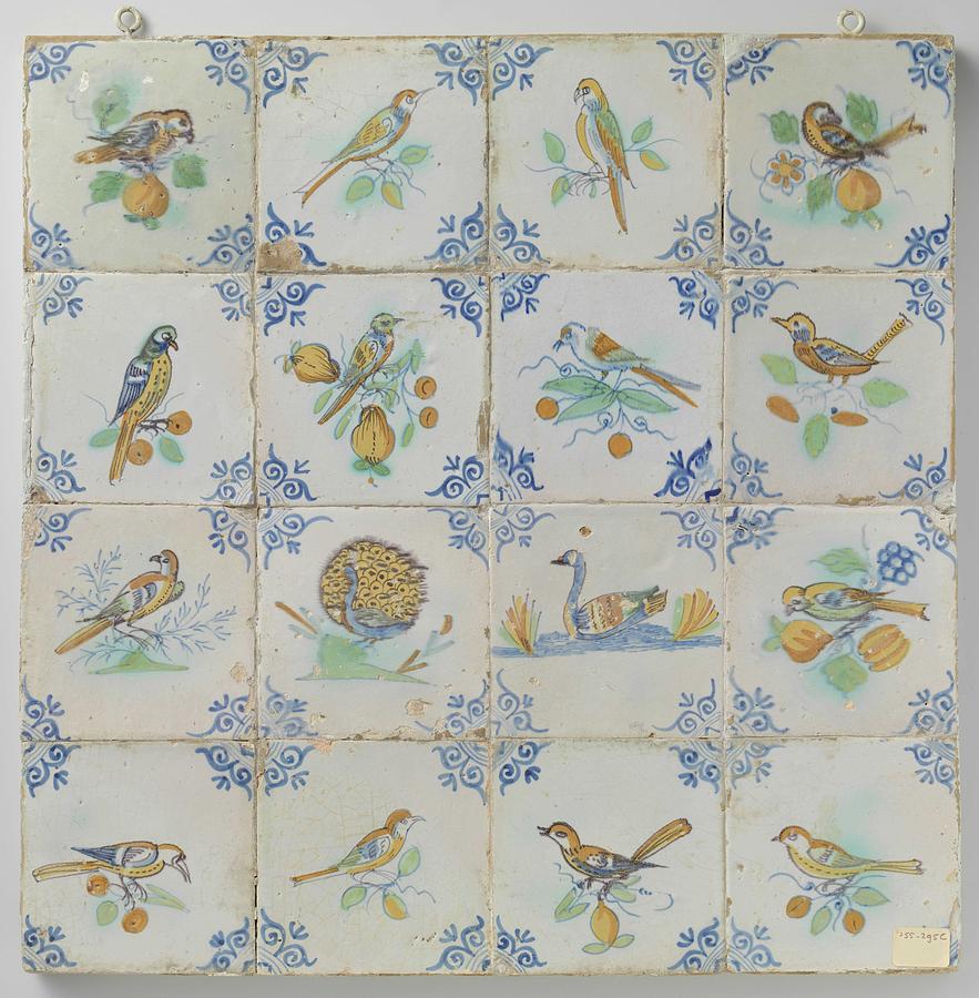 Nature Painting - Field of sixteen tiles with birds, anonymous, c. 1640 - c. 1660 by Artistic Rifki Nature Painting - Field of sixteen tiles with birds, anonymous, c. 1640 - c. 1660 by Artistic Rifki