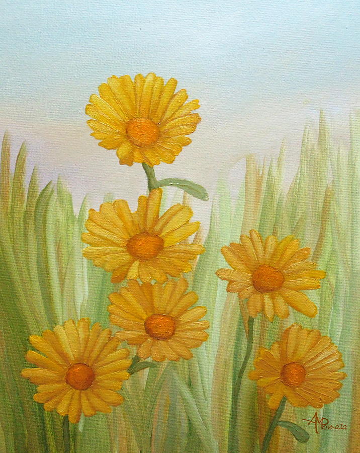 Daisy Painting - Field Of Yellow Daisies by Angeles M Pomata