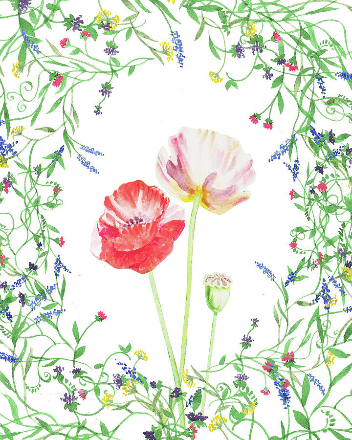 Wildflowers Painting - Field Poppies And Wildflowers Watercolor  by Irina Sztukowski