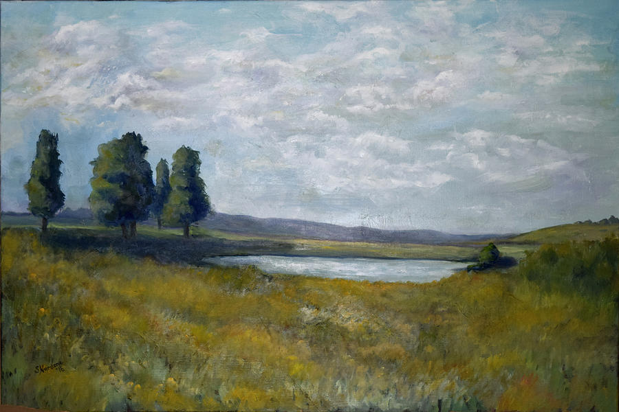 Field with Pond Painting by Sandra Nardone