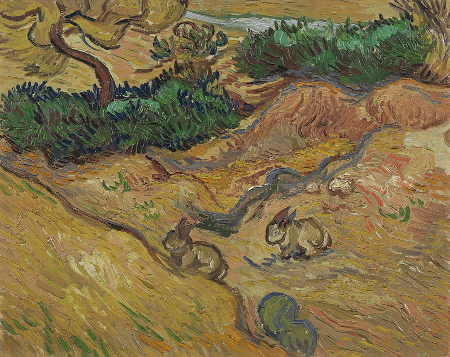 Nature Painting - Field with Two Rabbits, 1889 by Vincent Van Gogh
