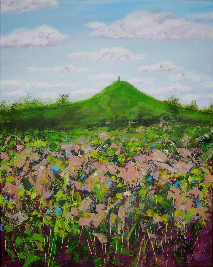 Fields to Glastonbury Tor Painting by Shirley Wellstead