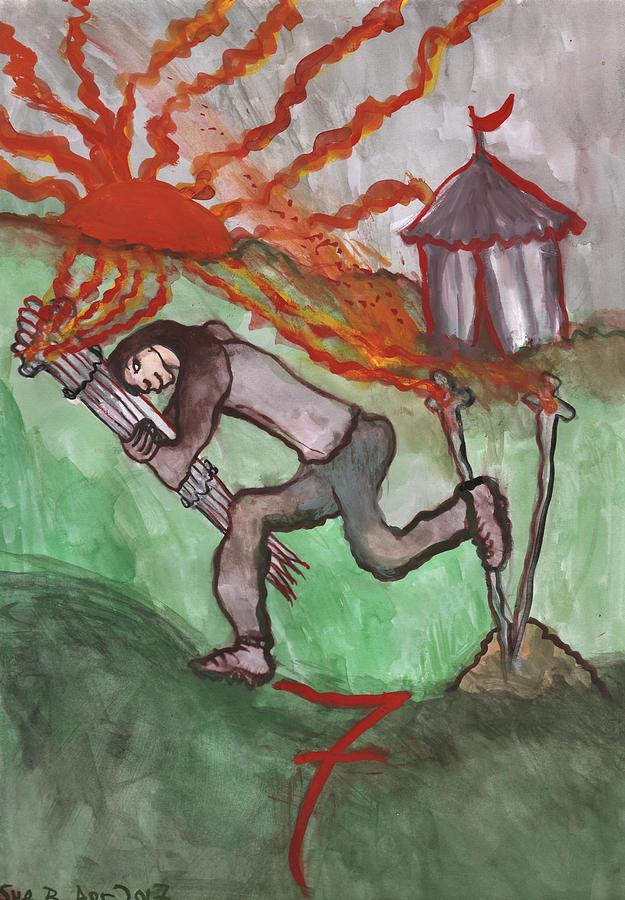 Tarot Painting - Fiery Seven of Swords Illustrated by Sushila Burgess Tarot Painting - Fiery Seven of Swords Illustrated by Sushila Burgess