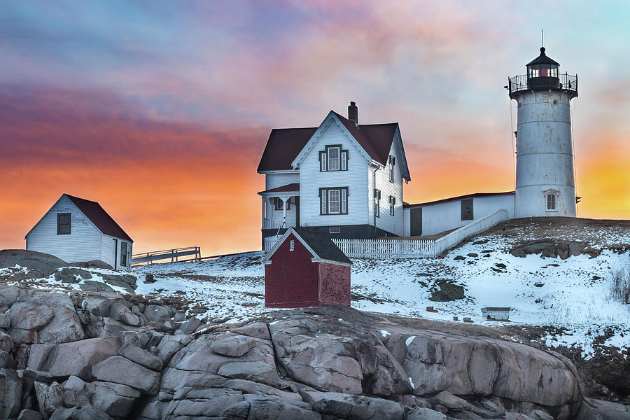 Lighthouse Photograph - Fiery Sunrise at Cape Neddick Lighthouse by Kristen Wilkinson