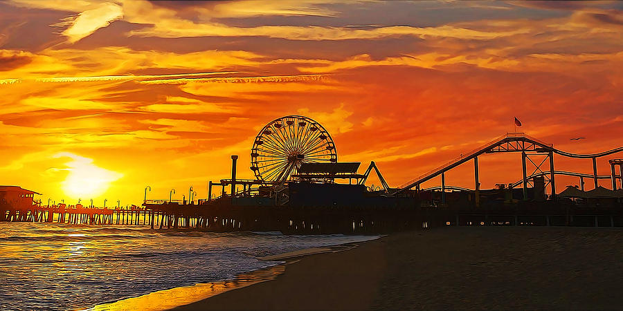 Fiery Sunset at Santa Monica Pier California Painting by ...