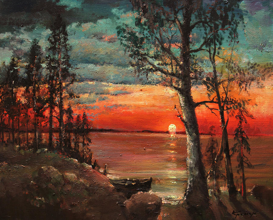 Nature Painting - Fiery sunset. Boat by lakeside by Mark Kremer