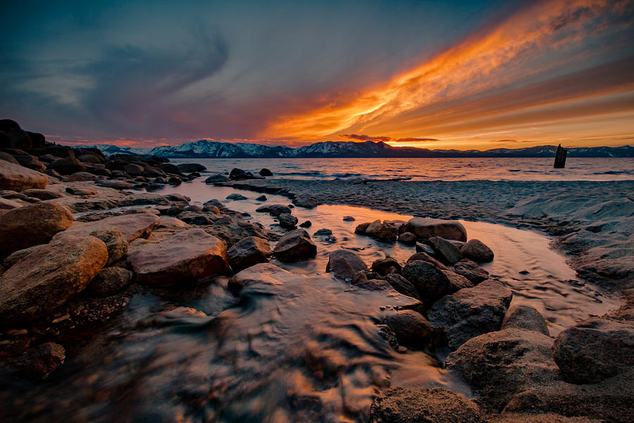 Landscape Photograph - Fiery Sunset Flow at Lake Tahoe by Mike Herron