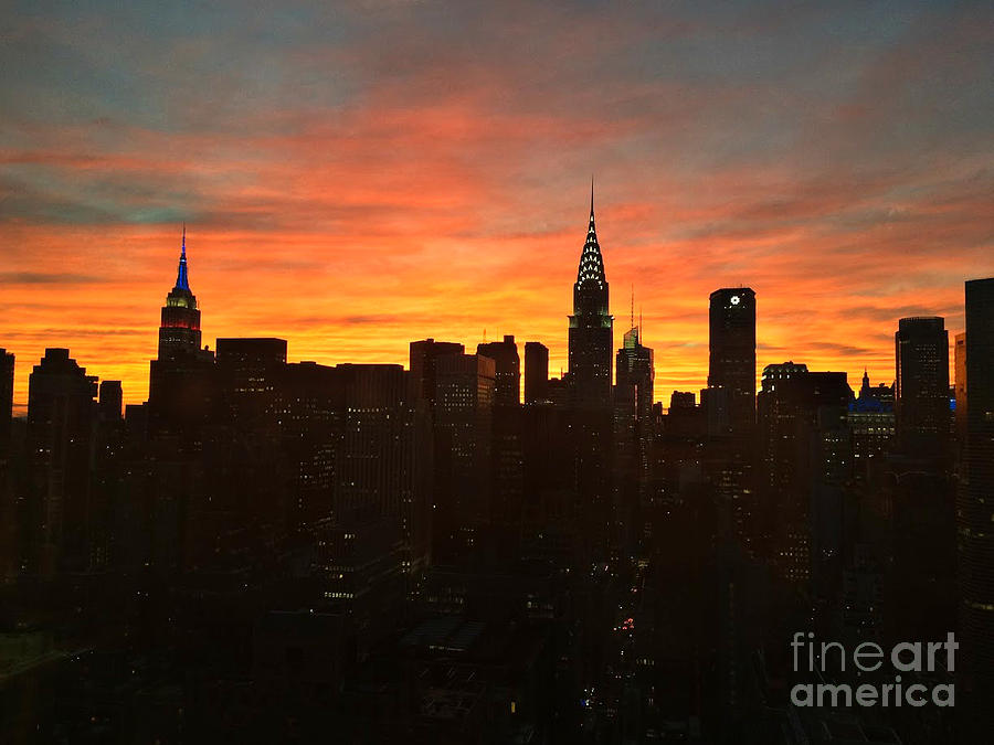 Fiery Sunset New York with Chrysler and Empire State Buildings Photograph by Miriam Danar
