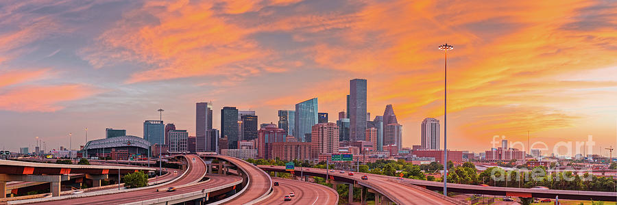 Houston Photograph - Fiery Sunset Panorama of Downtown Houston Skyline  by Silvio Ligutti