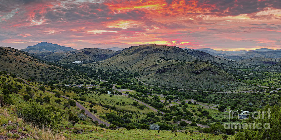 Fiery Sunset Panorama Over Davis Mountains State Park - Keesey Canyon Blue Mountain Limpia Canyon - Photograph by Silvio Ligutti