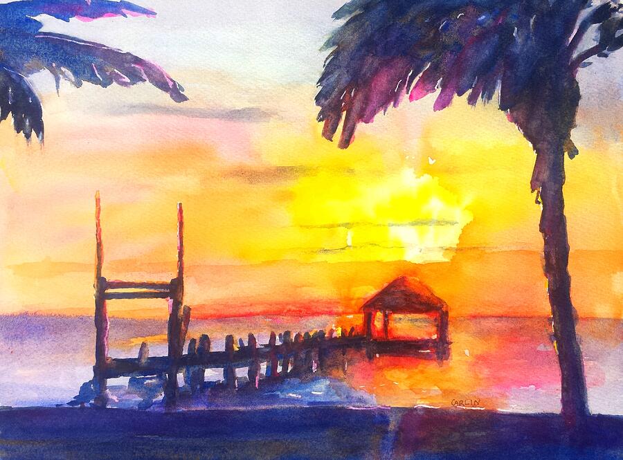 Fiery Tropical Sunset Overwater Bungalow Painting by Carlin Blahnik CarlinArtWatercolor