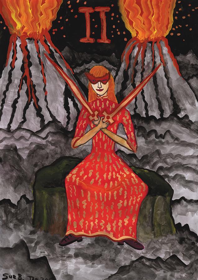 Tarot Painting - Fiery Two of Swords Illustrated by Sushila Burgess Tarot Painting - Fiery Two of Swords Illustrated by Sushila Burgess