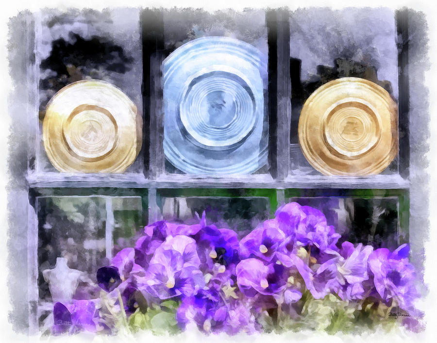 Spring Photograph - Fiestaware Window Display with Pansies by Betty Denise