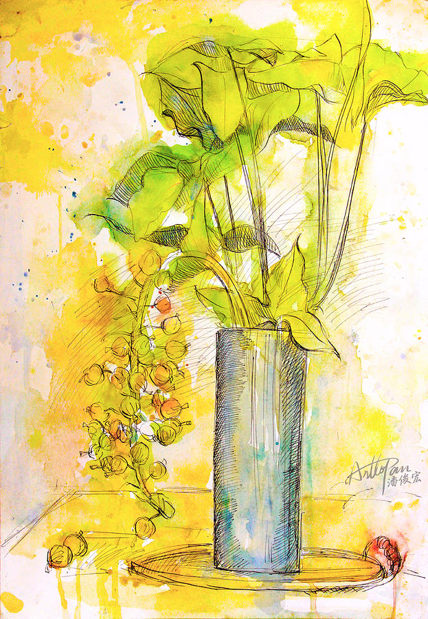 Fig Flower leaves- ArtToPan -still life watercolor color sketch Painting by Artto Pan
