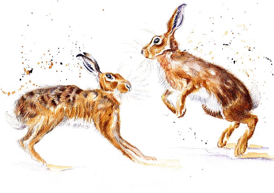 Mammal Painting - Boxing Hares - Fight Club by Debra Hall