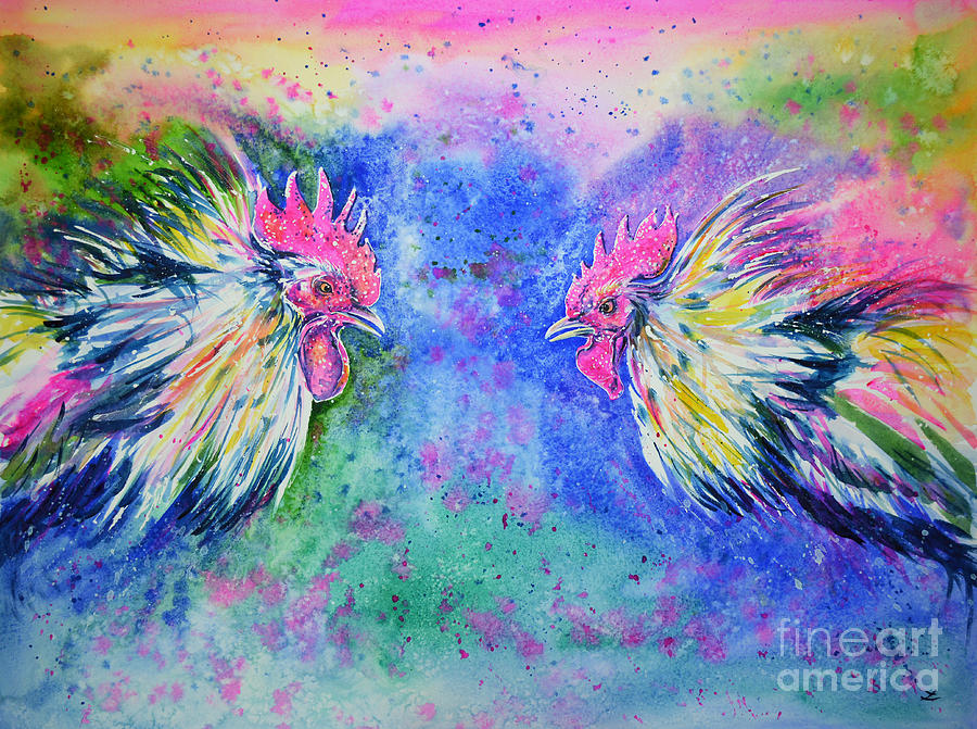 Rooster Painting - Fighting Cocks by Zaira Dzhaubaeva