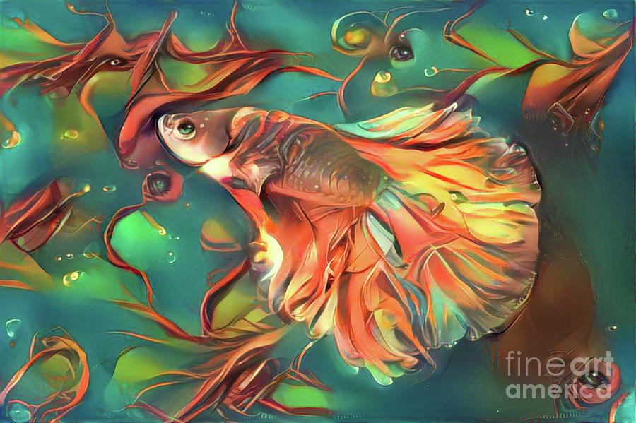Fighting Fish Teal and Peach Digital Art by Amy Cicconi