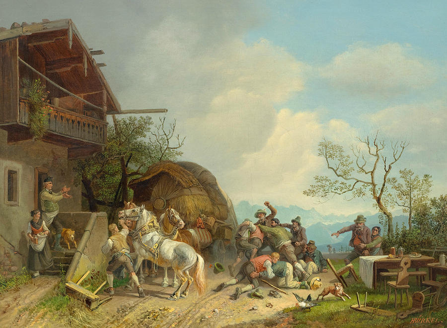 Fighting in Front of a Tavern Painting by Heinrich Burkel