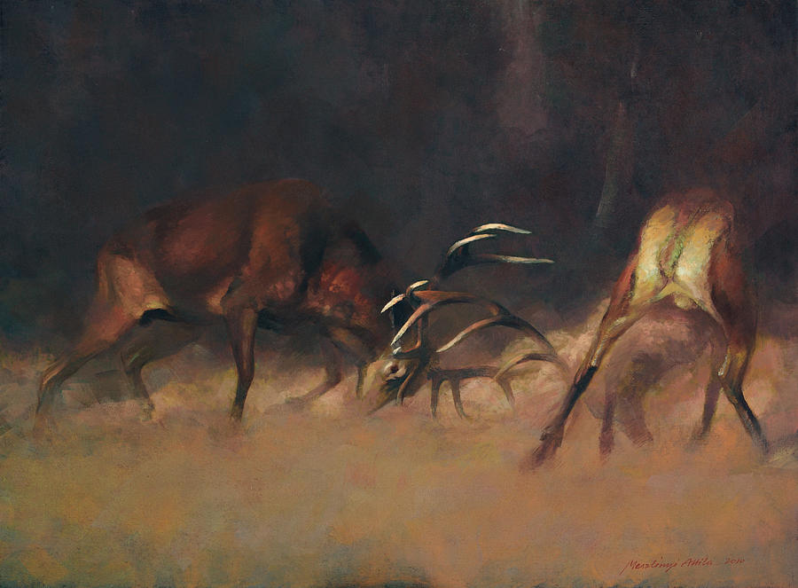 Fighting Stags I. Painting by Attila Meszlenyi
