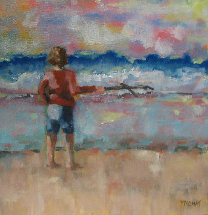 Beach Scene Painting - Fighting the Sea Dragons by Donna Thomas
