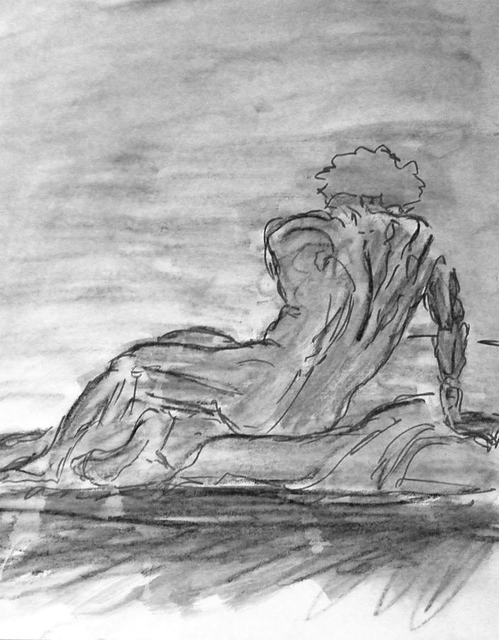 Figure Sketch in Monochrome Black White Arched and Curved Twisted Back Leaning on one Hand in Seated Painting by M Zimmerman