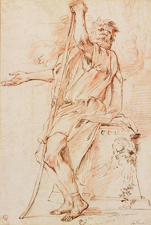 Figure with a staff resting on a plinth Drawing by Raymond Lafage