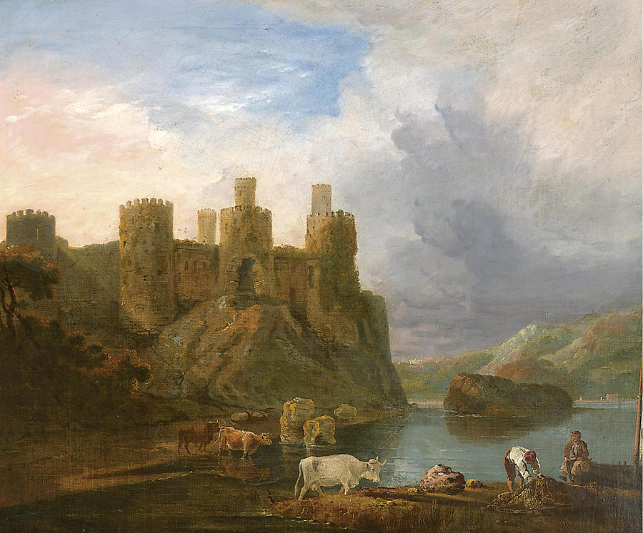 Figures and cattle before Conway Castle Painting by John Inigo Richards