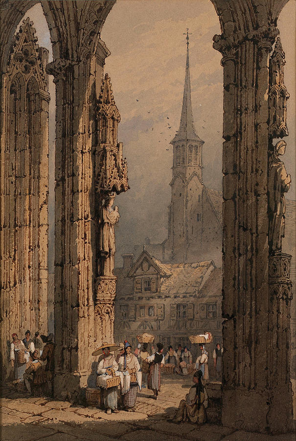 Figures at the cathedral portal. Ulm Painting by Samuel Prout