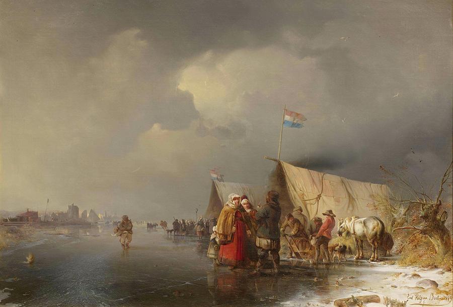 Figures by a frozen lake before a town Painting by MoHILGERStionAge Designs